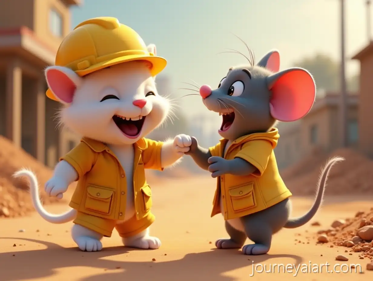 3D-Animated-White-Cat-andJoyful-cat-and-mouse-Gray-Mouse-Spinning-on-Construction-Site-in-PixarDisney-Style