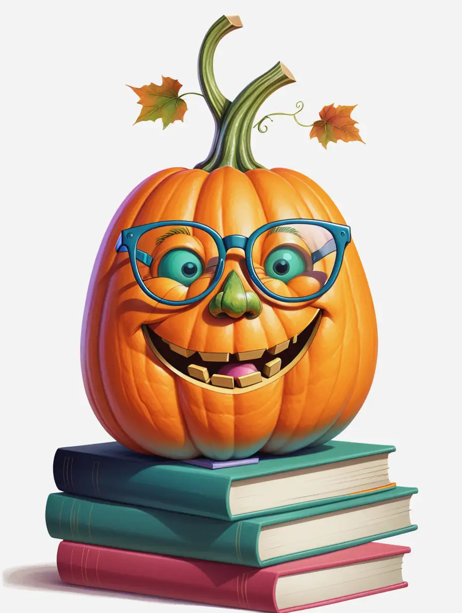 Whimsical Pumpkin with Glasses Sitting on Books