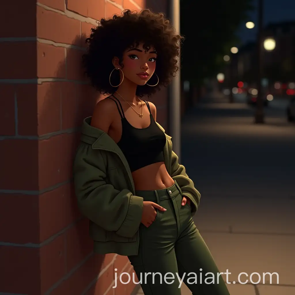 Young-Girl-in-Casual-Urban-Outfit-Leaning-Against-a-Brick-Wall-at-Night