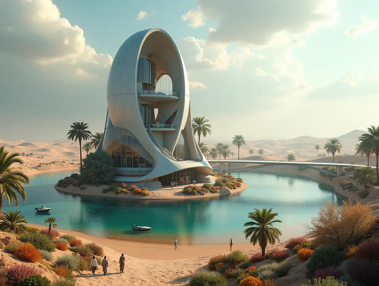 Create a high-resolution, realistic photo panorama picture from above of a futuristic spiral staircase building tower of glass with window UFO house with bridge, on an island with people, many plants and colorful flowers White and brown facades in front of the desert Oasis, large trees, very cloudy sky