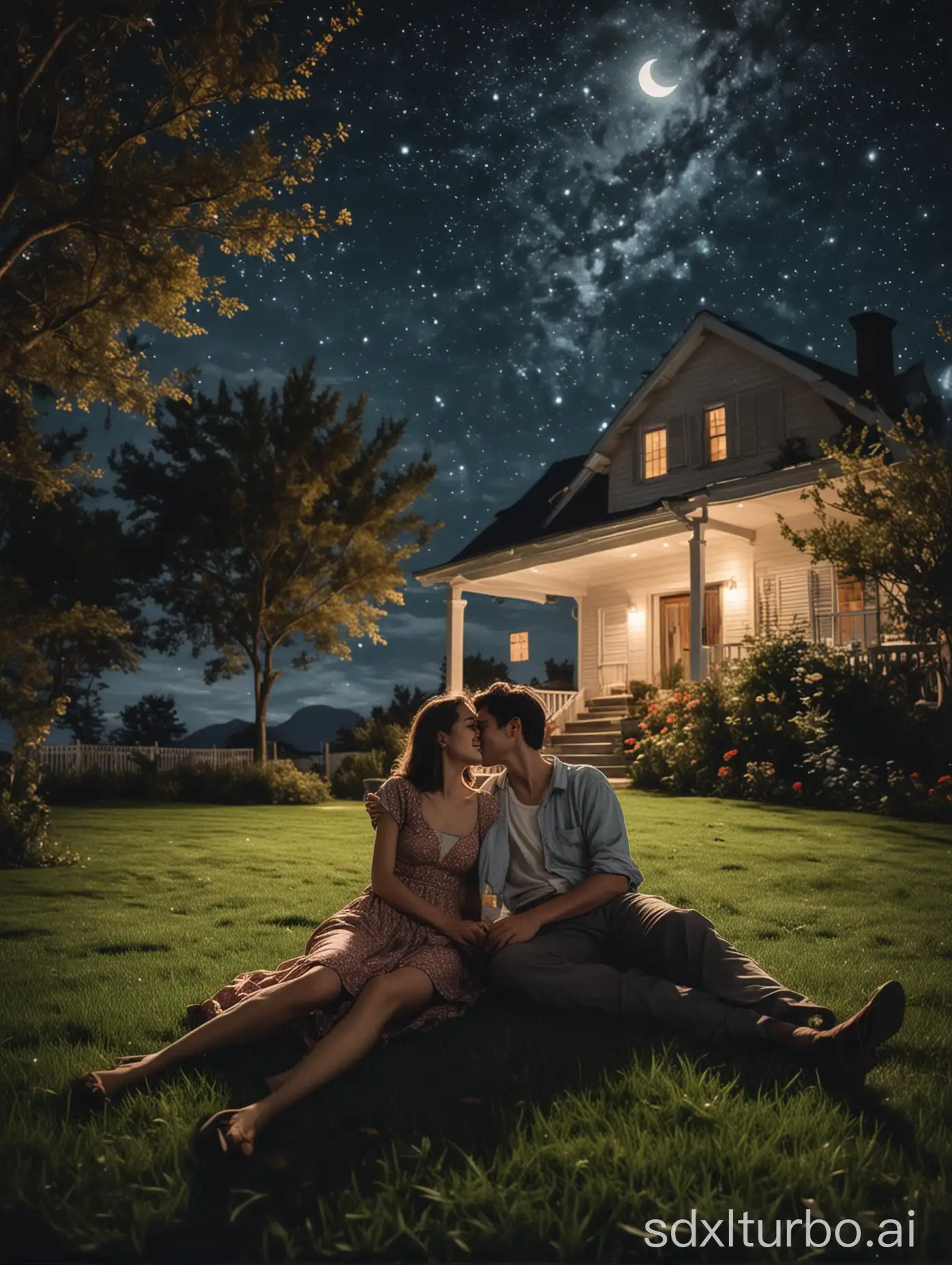 Under the bright starry sky and bright moonlight, a couple sits on the lawn and cuddles up intimately, with happy smiles