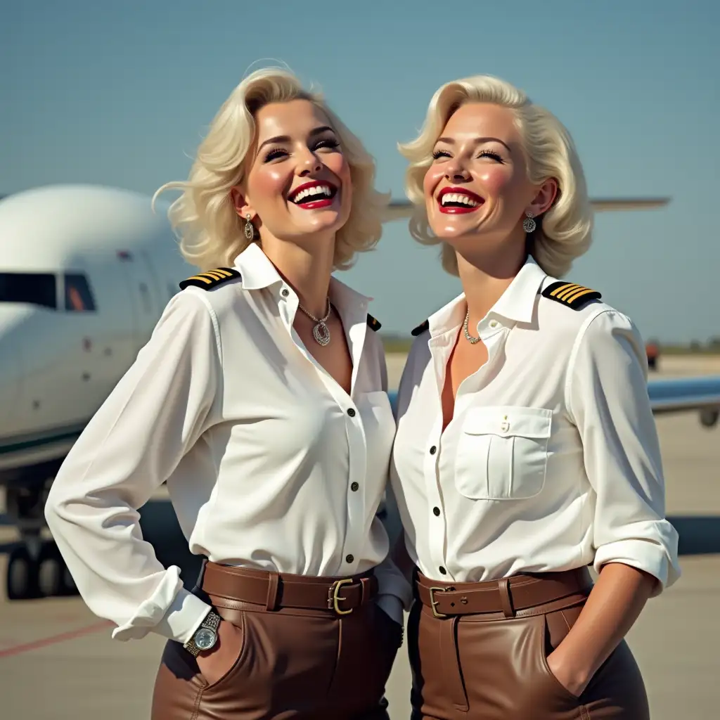 two white curvy pilot ladies, Marilyn Monroe face, in white unbuttoned pilot shirt, laughing with her mouth open, red lipstick accentuating her smile,belt on waist, big wide hips, chest are fully grown, jewerly, short hair, HD, enjoying at airport , photo-realism