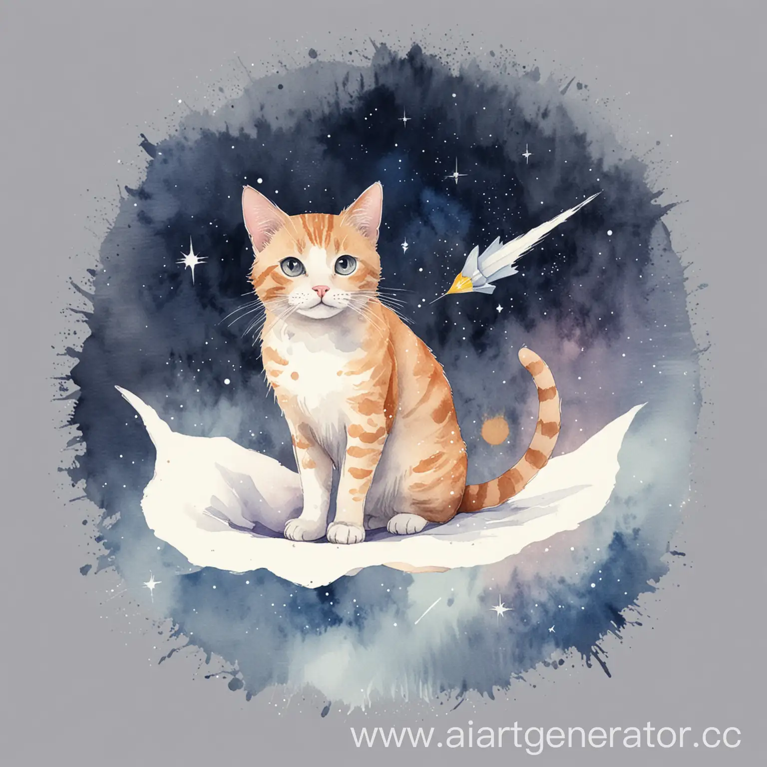 A cat with a paper comet, in watercolor style