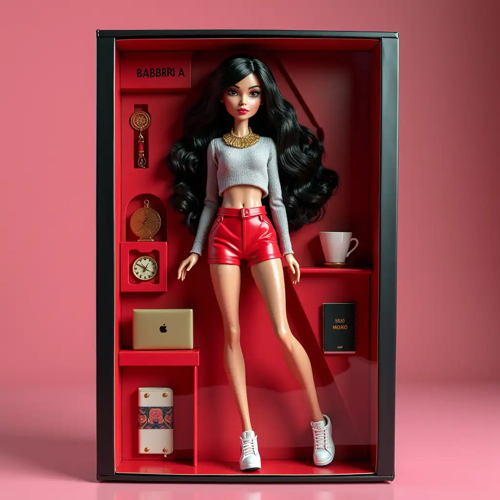 Premium collectible action figure in the style of Bratz, made of soft-touch plastic. Style - maximally realistic, full size, with high detailization. Character: person with photo - detailed work on appearance:- face, features, proportions, lips, eyes, hairstyle and mimicry - clothing and textures on it, accessories The figure lies in a plastic recess, repeating its shape. Packaging: - Style: modern - Front part: transparent plastic - Back part: cardboard - Colors of packaging: red, black, white - In the upper part of the box is engraved and printed the name of the character: [BARBARA] Inside the box - accessories, placed in separate cells: - [Golden MacBook] - [cup of coffee] - [English textbook] - [notebook] Accessories - miniature, photorealistic, with detailed texture. Image format: 9:16 Style - advertising photo premium collectible toy, with an emphasis on textures, packaging and detailization.