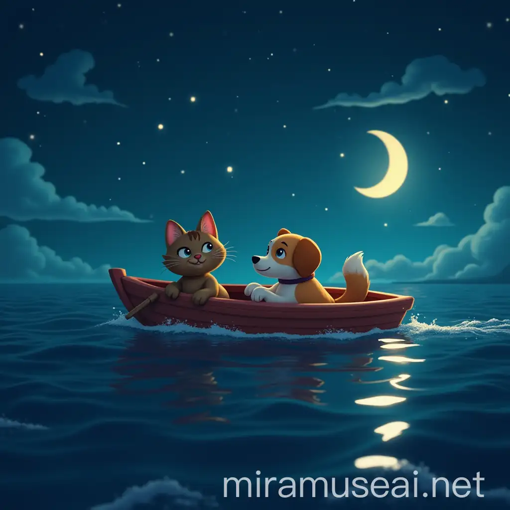 Cat and Dog Boating on the Sea at Night