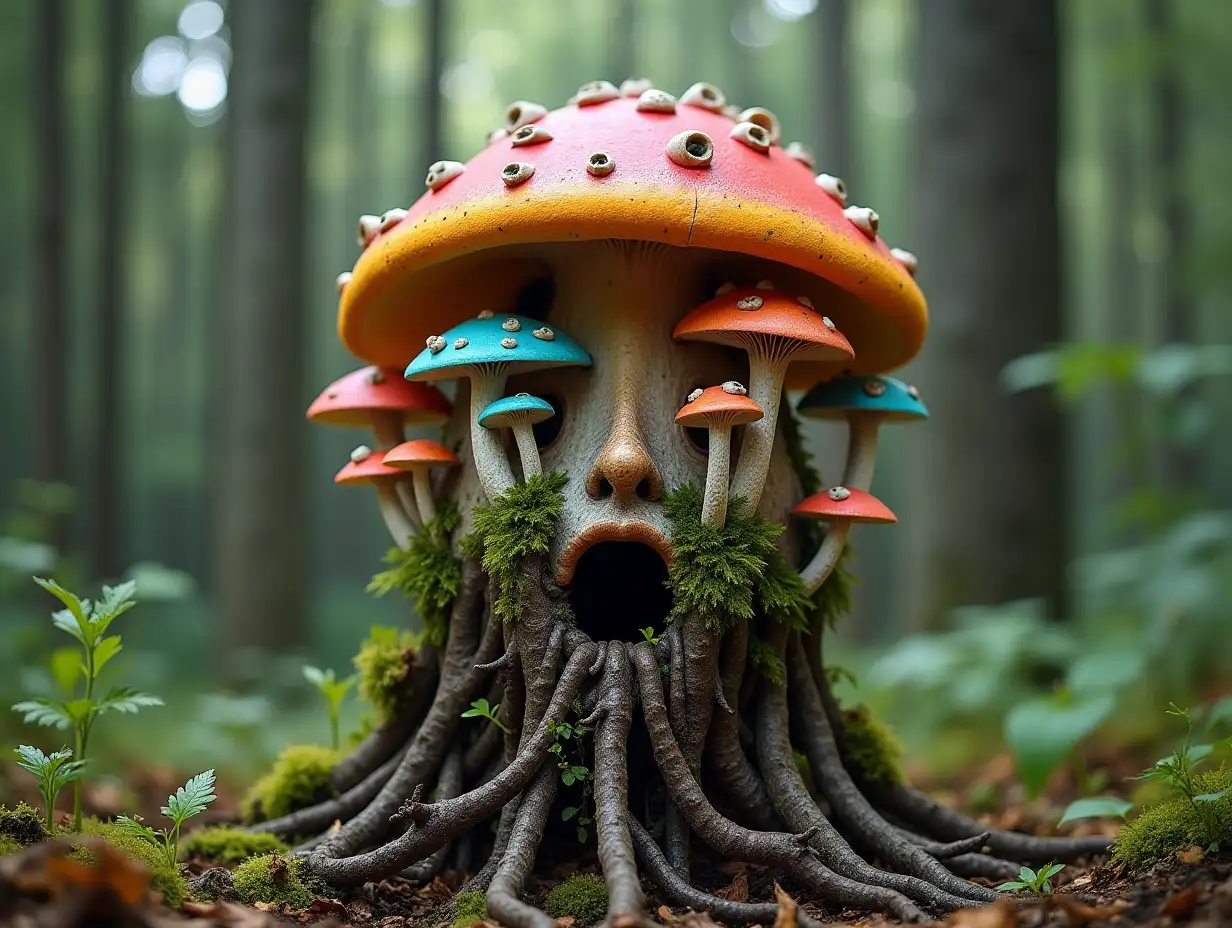 Face with colorful mushroom in mouth roots transformed into building in the forest