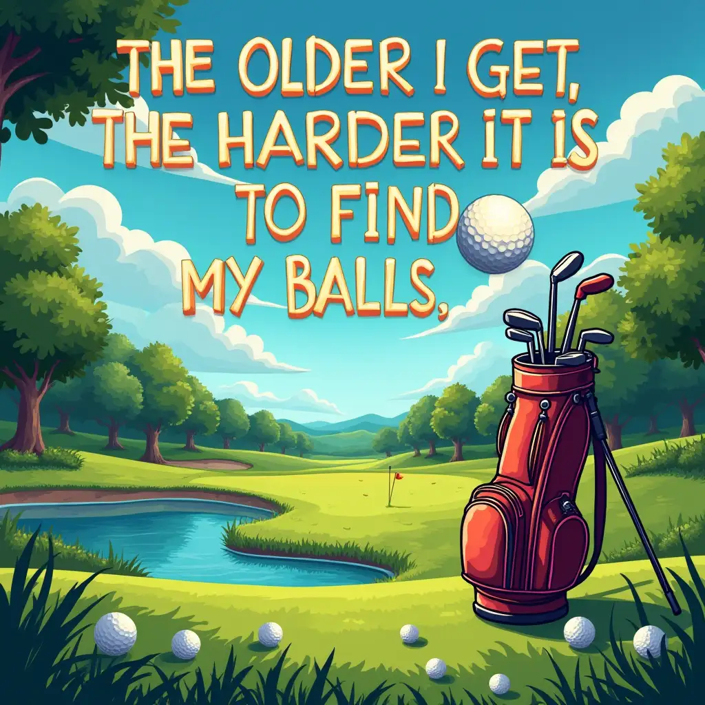 A humorous golf-themed digital illustration featuring a lush golf course with a pond, trees, and a bright sky. A golf bag filled with clubs stands on the grass, surrounded by scattered golf balls. Bold, playful text reads, 'THE OLDER I GET, THE HARDER IT IS TO FIND MY BALLS' with a golf ball replacing the letter 'O' in 'OLDER.' The design has a realistic yet slightly cartoonish style, with vibrant colors and detailed shading. oil art, neon