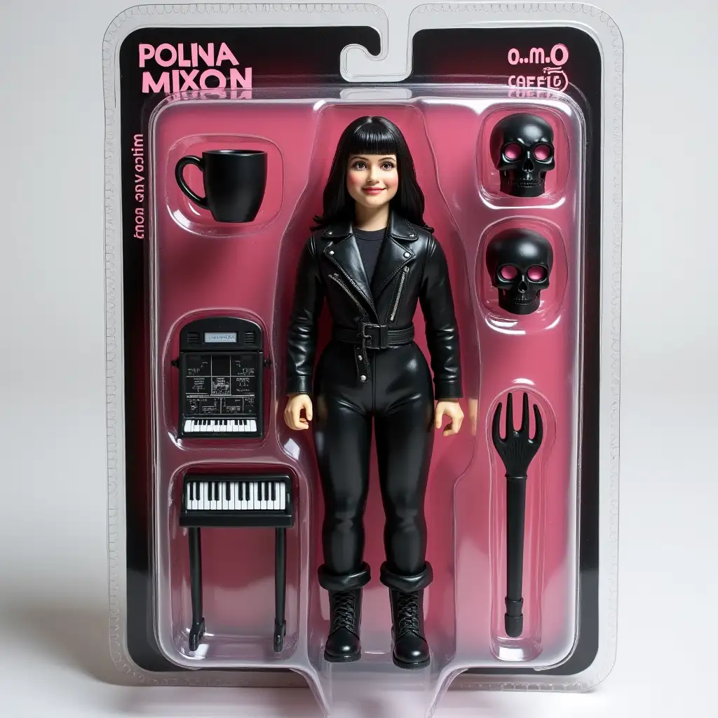 Use this photo of me to create an action figure of myself in a blister pack, in the style like a premium collectible toy. The figure should be standing up and have a relaxed, friendly smile. The blister pack should have a header with the text ‘[Polina Mixon]’ in large letters and a subheading of ‘[emo witch]’ below it. Include accessories in compartments to the side of the figure: [coffee, mini synth piano, black skull with pink eyes].
