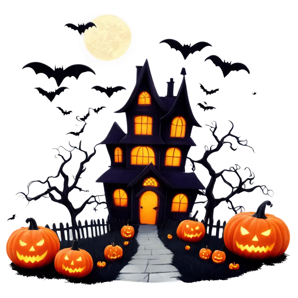 Spooky-and-Fun-Halloween-Design-PNG-Featuring-Haunted-House-JackOLanterns-and-Eerie-Atmosphere