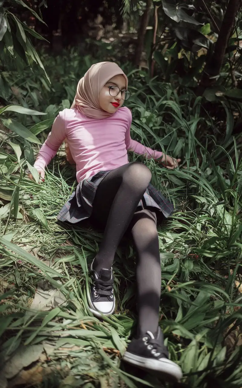 14YearOld-Girl-in-Pink-Top-and-Hijab-Lying-on-Grass-in-Jungle-with-Converse-Shoes