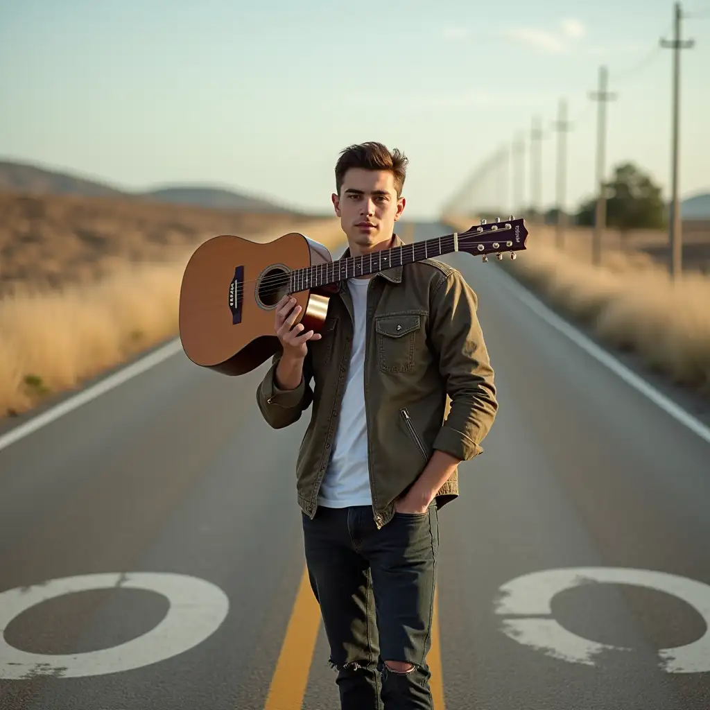 Young-Man-Standing-at-a-Crossroad-with-Guitar-Over-His-Shoulder