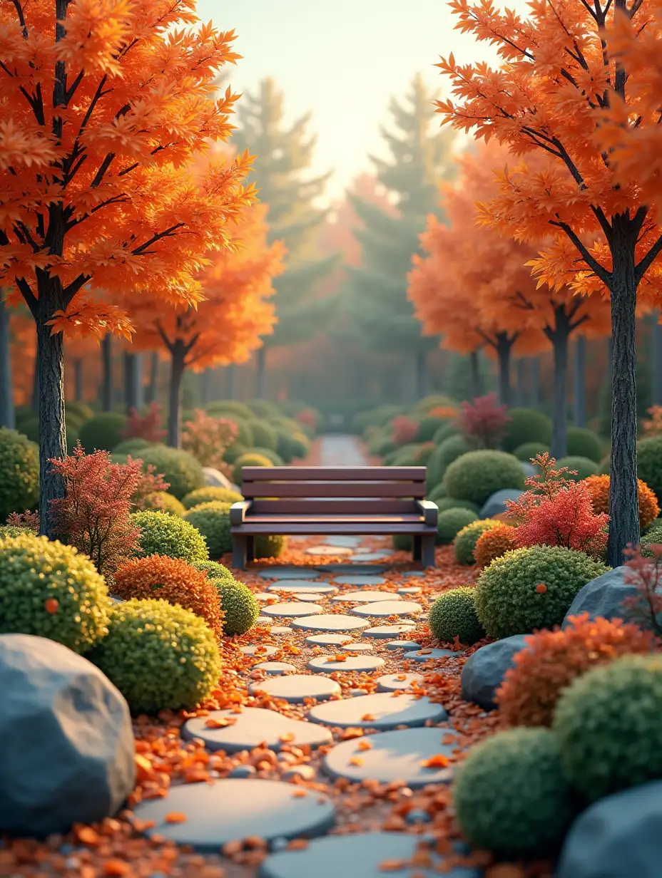 3d garden, autumn, bench in the middle