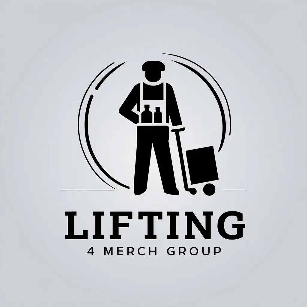 a vector logo design,with the text "Lifting", main symbol:porter with a trolley and bottle in pocketSIGN: HEAD OF LIFTING SPECIALISTCompany 4 MERCH GROUP,complex,clear background