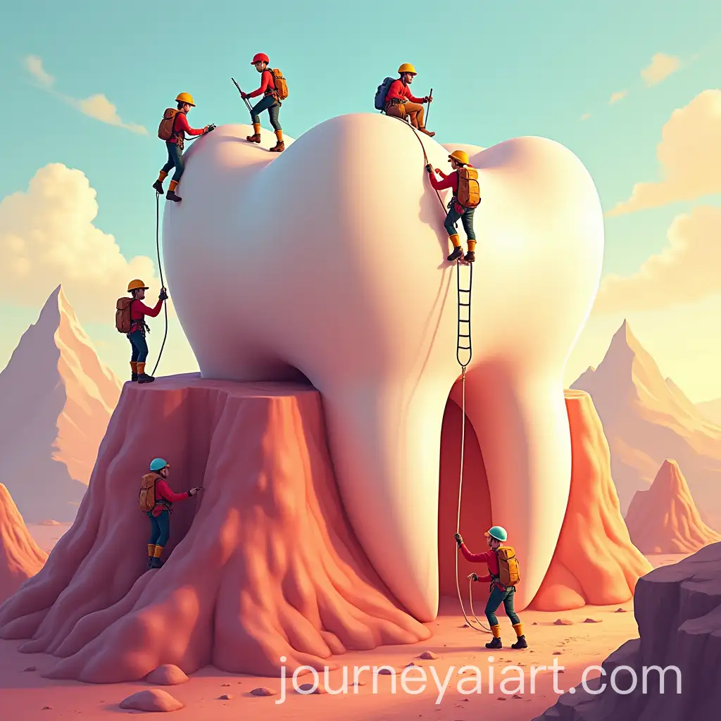 Climbers-Scaling-a-Molar-Tooth-in-a-Surreal-Gum-Terrain-at-Sunset