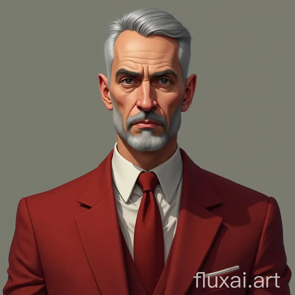 man, thin, stately, short gray hair, grey-eyed, gray mustache, beard, red sport suit, style: artstation