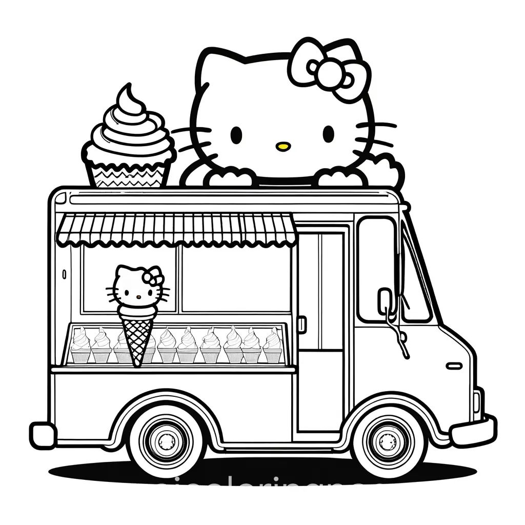 hello kitty eating an ice cream cone in an ice cream truck, Coloring Page, black and white, line art, white background, Simplicity, Ample White Space. The background of the coloring page is plain white to make it easy for young children to color within the lines. The outlines of all the subjects are easy to distinguish, making it simple for kids to color without too much difficulty