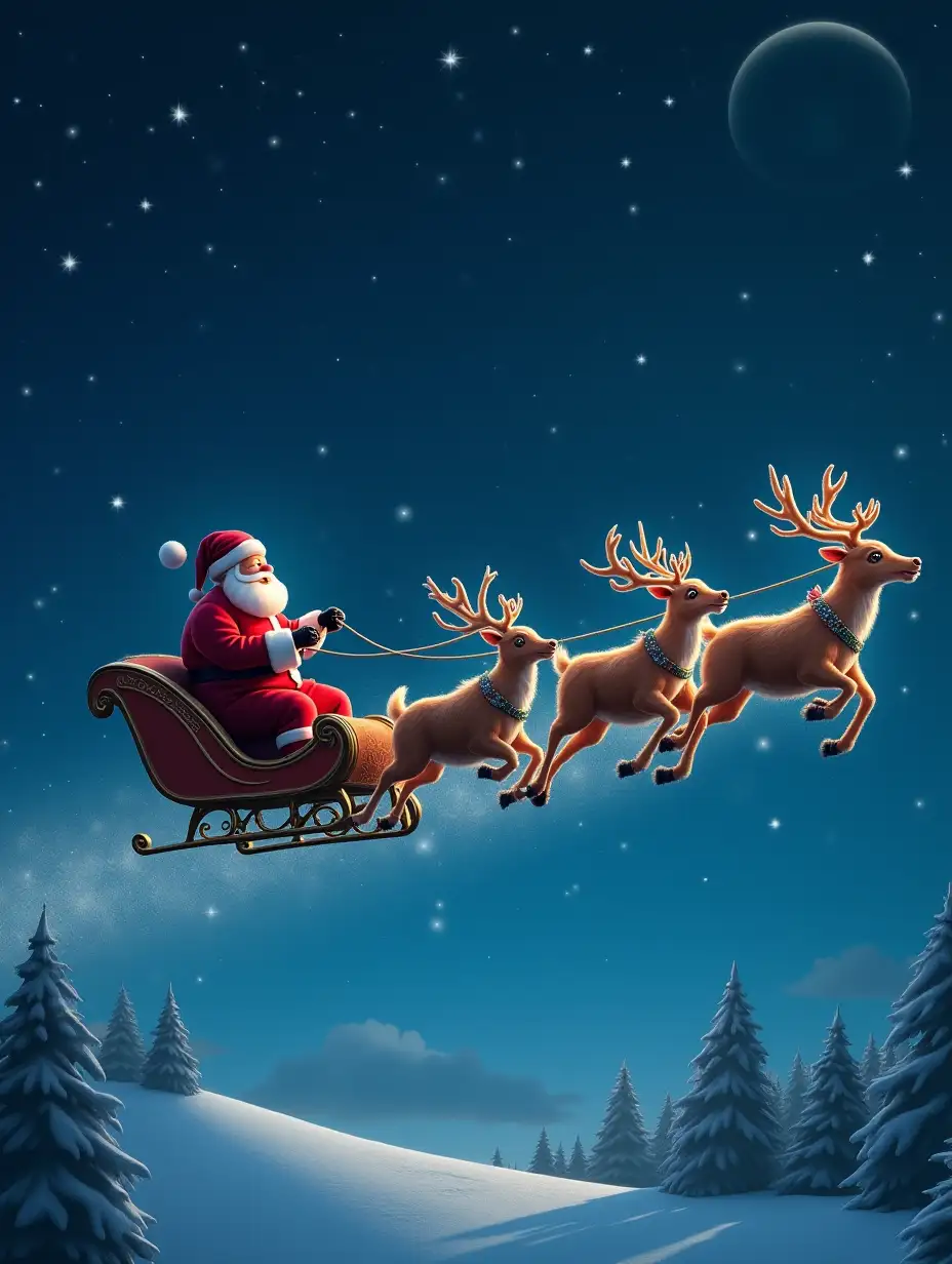 Santa Claus Flying in a Sleigh with Reindeer Under a Starry Night Sky