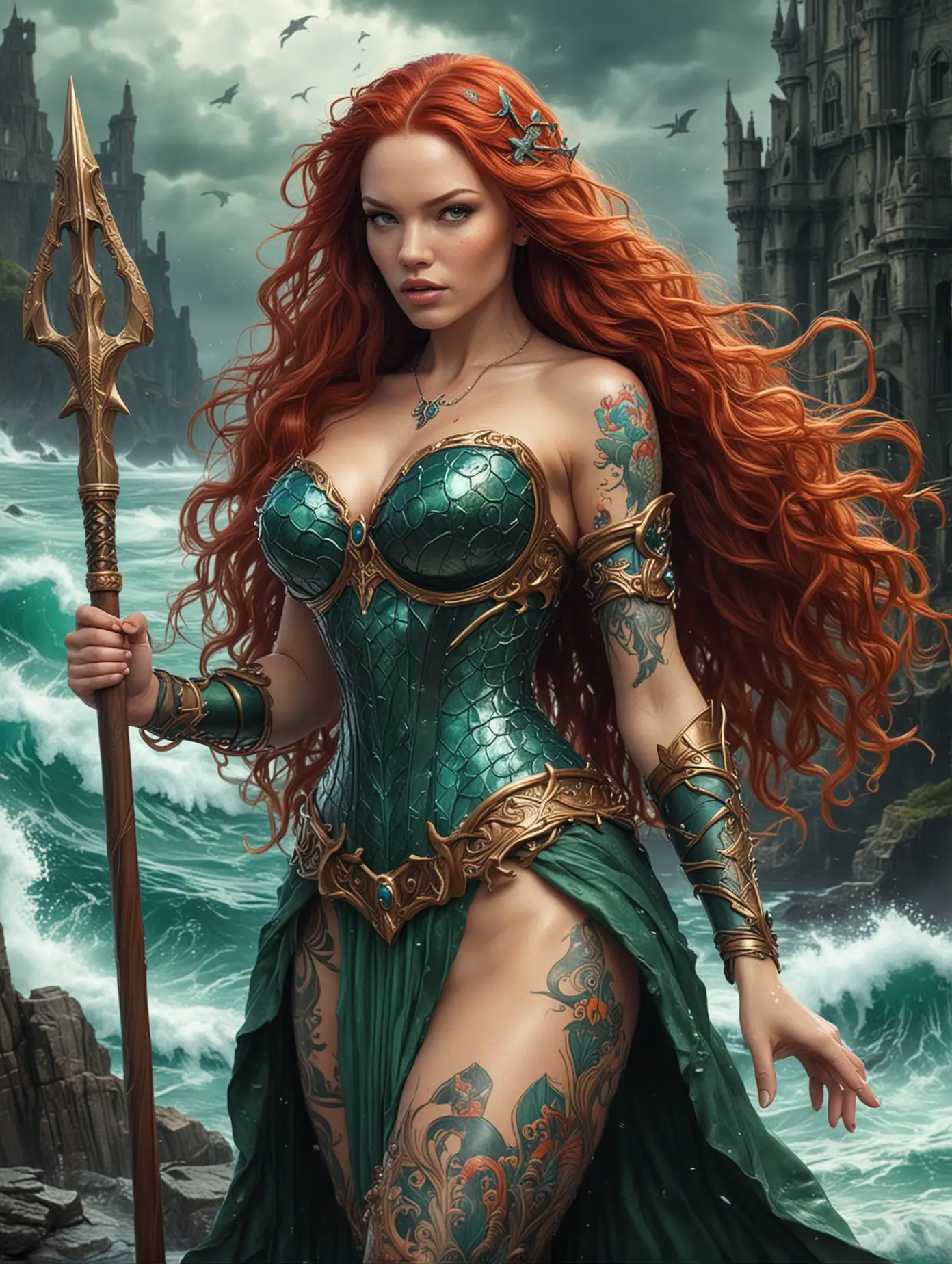 Medium close up view captured, anime surrealism style, a Highly detailed colored pencil sketch drawing of a beautiful Rebecca Ferguson with awesome cleavage as a mermaid warrior princess, wild flowing long red hair, she is an atlantis warrior, with multicolors tattoos at her arms and hands, black and green suit colors, holding a trident staff, ready for action pose, in an extremely sea storm at mythical mysterious atlantis castle background, medieval fantasy theme, intricate details, sharp focus, matte colorful organic shape, masterpiece art, high resolution, perfect anatomy