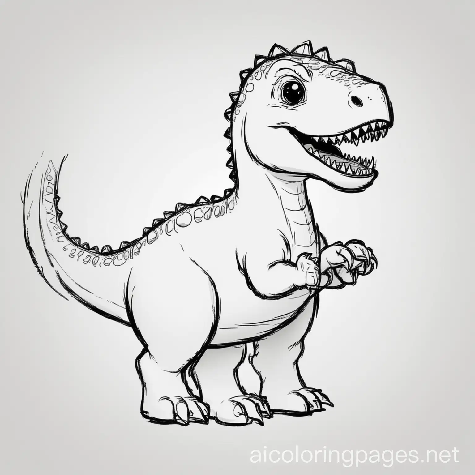 Dinosaur for young kids, Coloring Page, black and white, line art, white background, Simplicity, Ample White Space. The background of the coloring page is plain white to make it easy for young children to color within the lines. The outlines of all the subjects are easy to distinguish, making it simple for kids to color without too much difficulty