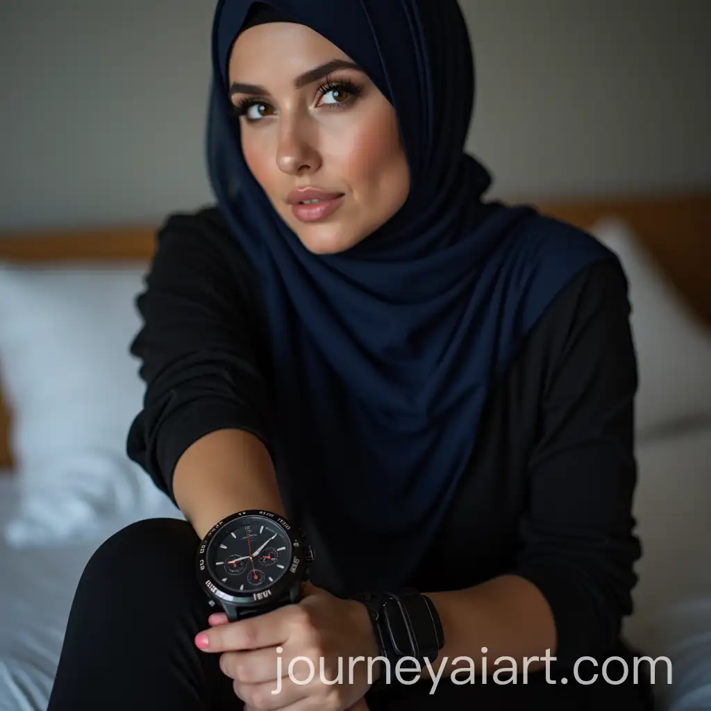 Muslim-Woman-in-Hijab-Wearing-Large-Black-Chronograph-on-Bed