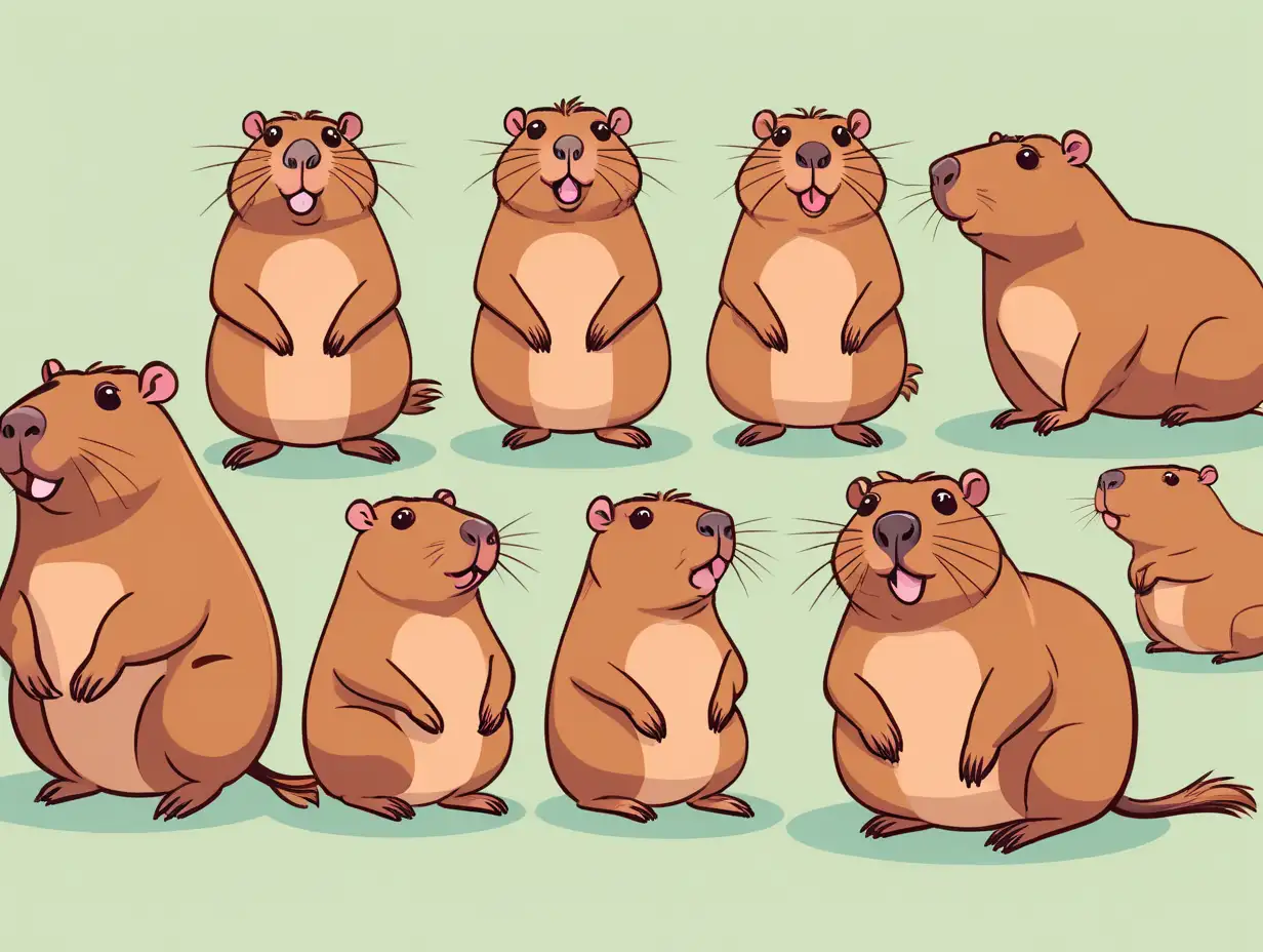 various capybaras, cartoon style, brown capybara, various poses, various angles, large and round eyes, suggesting a friendly attitude, cute