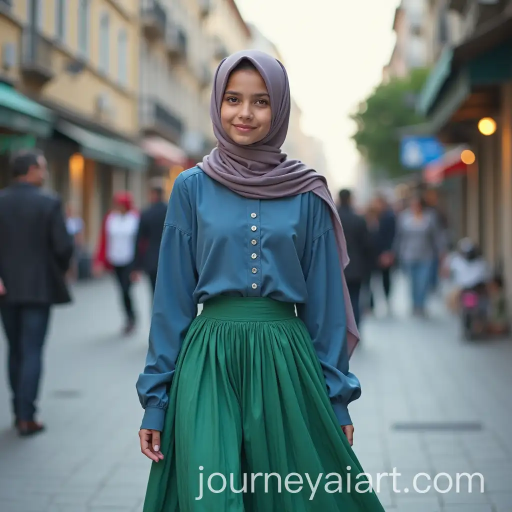 Young-Woman-Walking-in-the-Street-Wearing-Hijab-Blue-Top-and-Green-Skirt