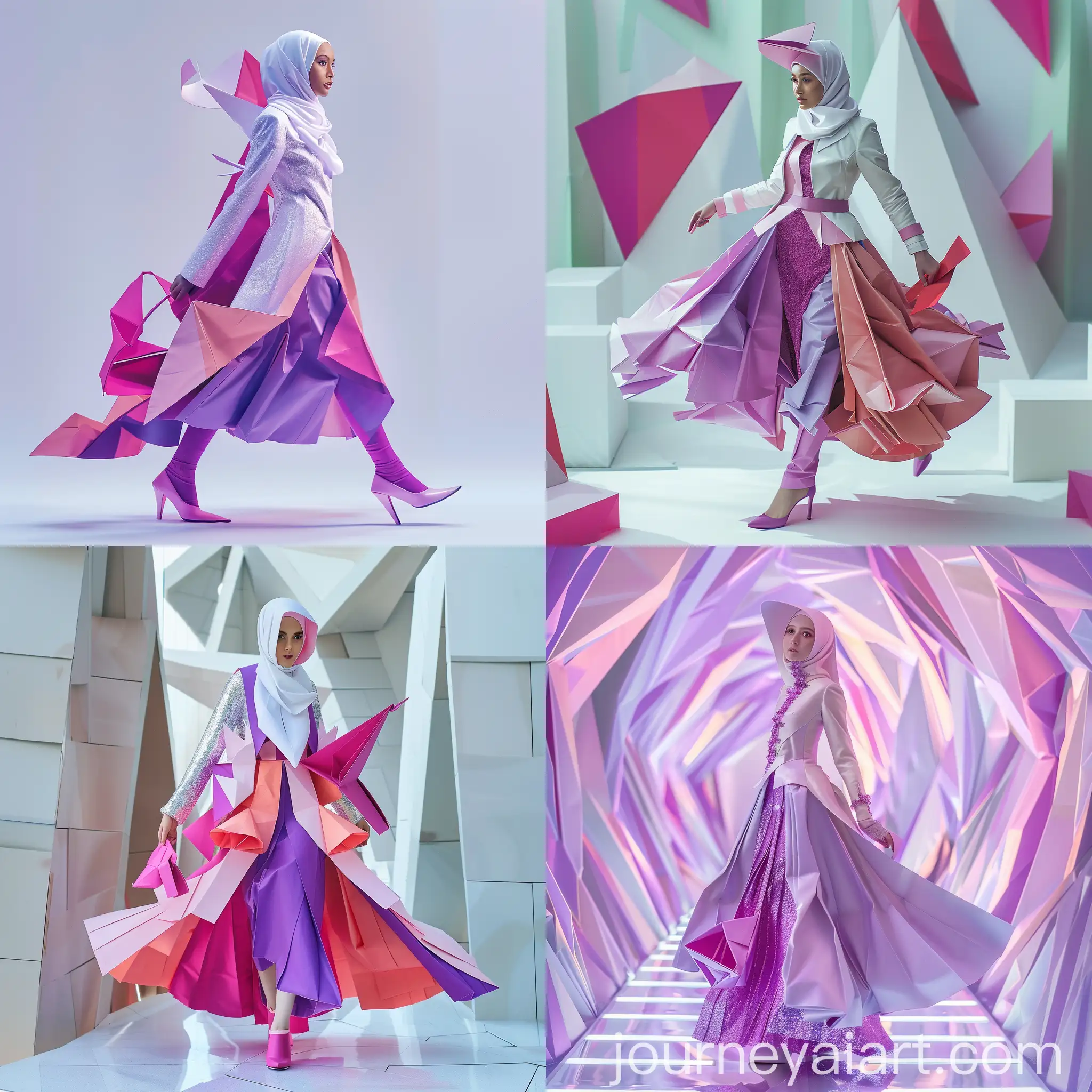 Hijab-Woman-in-Paper-Origami-Fashion-on-Futuristic-Catwalk