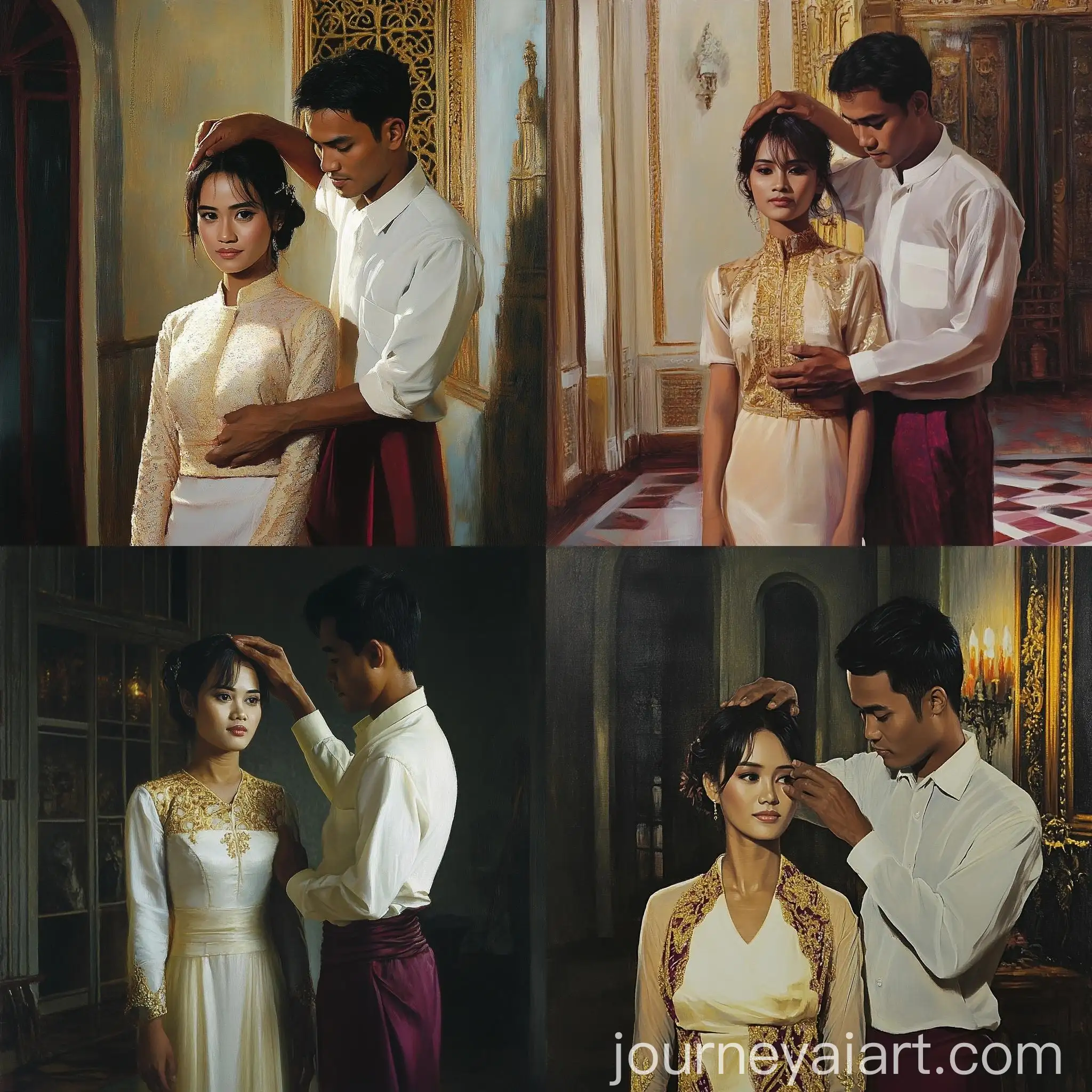 Couple-in-Hall-Gentle-Touch-and-Smiling-Woman
