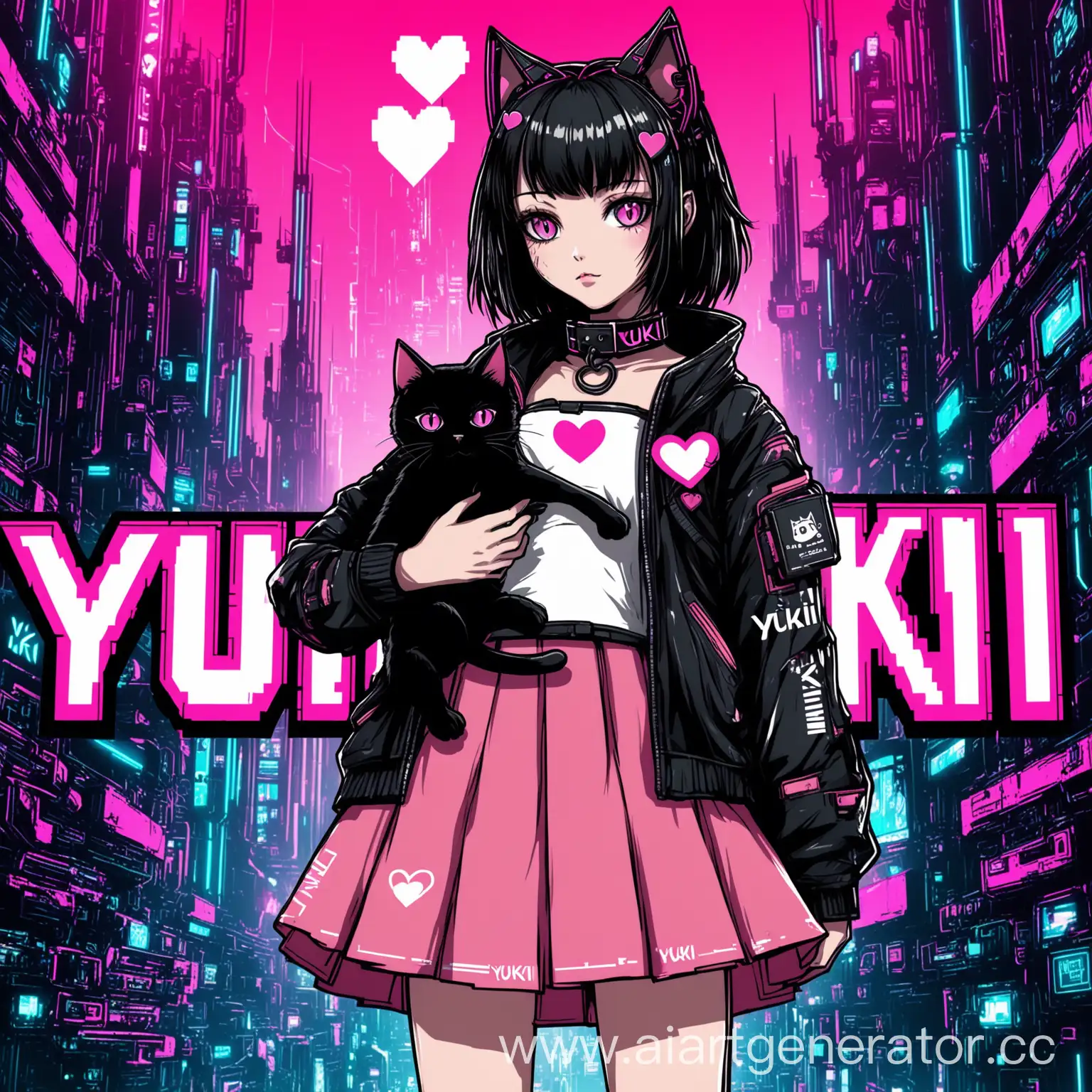 Cyberpunk-Girl-with-Cat-Ears-Holding-Black-Cat-Yukii