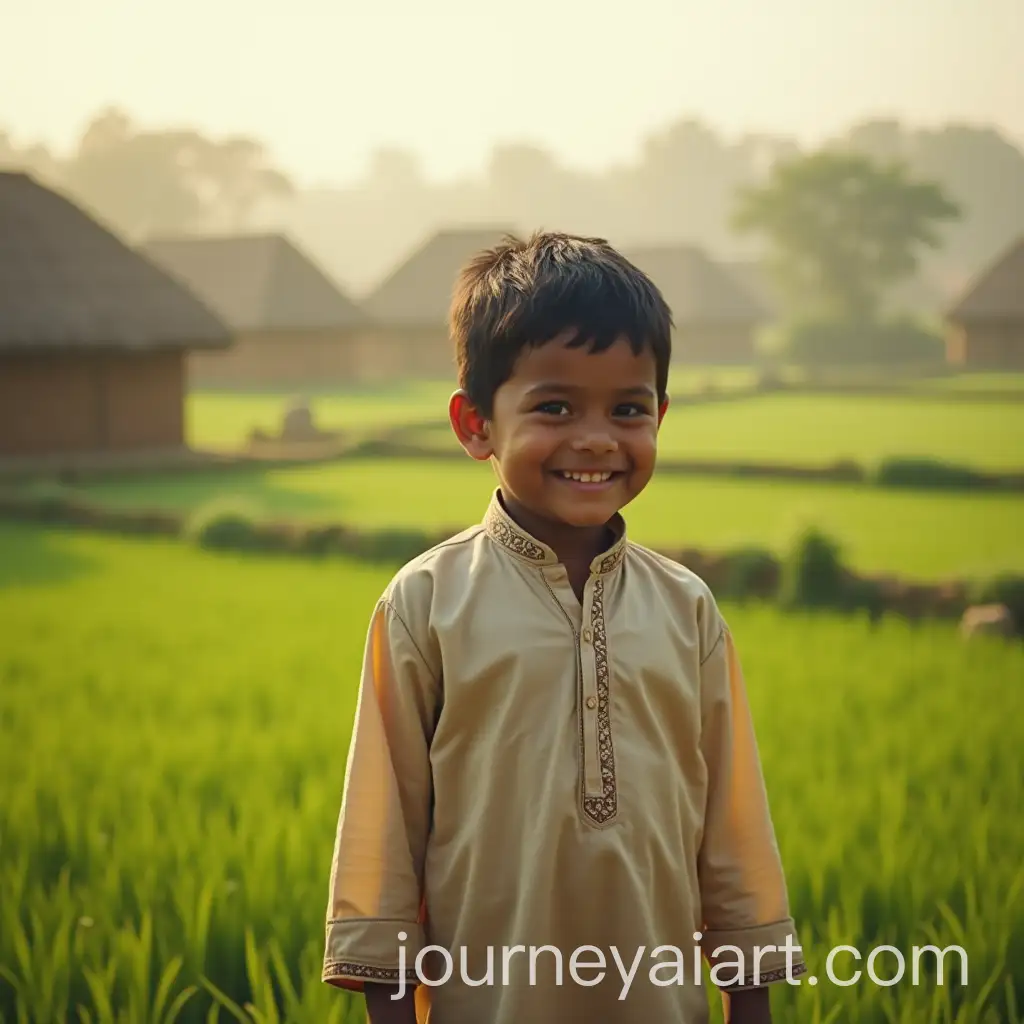 Smiling-Young-Boy-in-a-Peaceful-South-Asian-Village-at-Sunrise