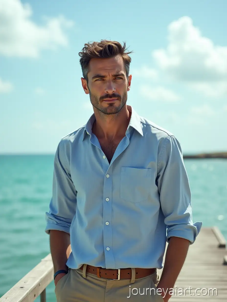 Caucasian-Male-Model-in-Linen-ShirtAI-Image-Prompt-Expansion-on-Dock-by-Ocean-with-Soft-Sunlight