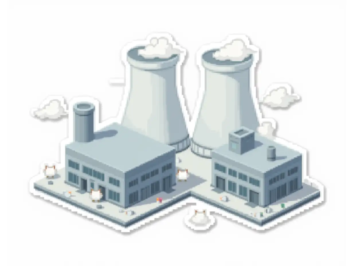 isometric vector sticker:  two industrial buildings of silver color with cylindrical roofs on top, behind them 3 large cooling towers of light gray-silver color, clouds rise from the cooling towers. There are small white cats in office clothes nearby. The overall image mimics the appearance of a cut-out laminated sticker, the sticker is bright in the anime style. The overall image mimics the appearance of a cut-out laminated sticker, the sticker is bright in the anime style.  die cut sticker design top-view, high resolution, vector art,  white background, paint in anime style