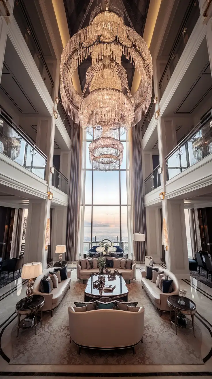 A wide shot of a luxurious living room with high ceilings. The focal point is a grand crystal chandelier in the center of the room, casting a warm, ambient glow. The style is photorealistic, interior design photography, with soft natural light coming from large windows. Include elegant furniture in neutral tones and metallic accents. Opulent, breathtaking.