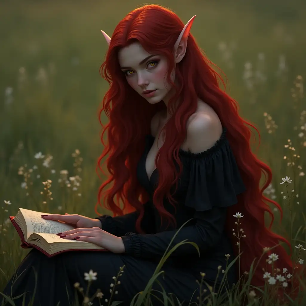 Flame Elf in Meadow Reading A Mystical Encounter