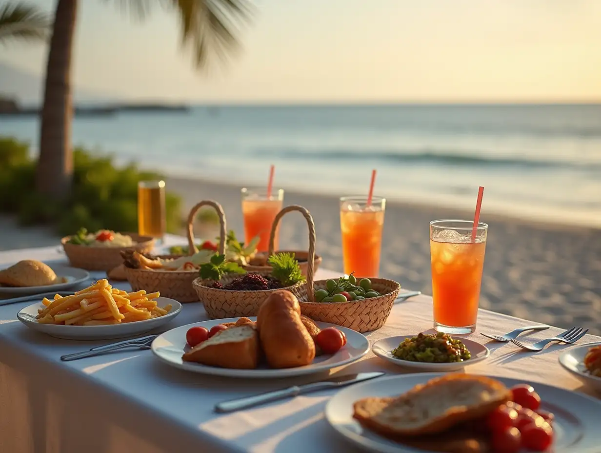 Friends-Enjoying-a-Feast-with-Iced-Drinks-by-a-Private-Beach