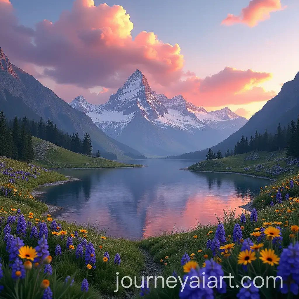 Serene-Alpine-Meadow-at-Sunset-with-SnowCapped-Mountains-and-Reflective-Lake