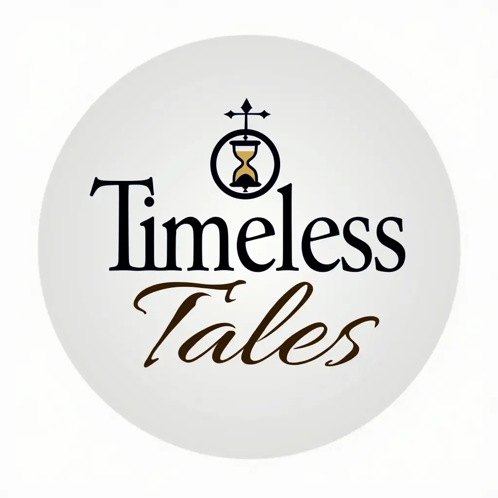 A minimalist circular logo for 'Timeless Tales' with elegant typography. The text is in a refined serif or script font, arranged within or around a circular shape. A small hourglass icon is subtly integrated into the design, either as part of the lettering or positioned inside the circle. The background is transparent for seamless integration. The color scheme is simple, using black, gold, or dark blue for a sophisticated touch.