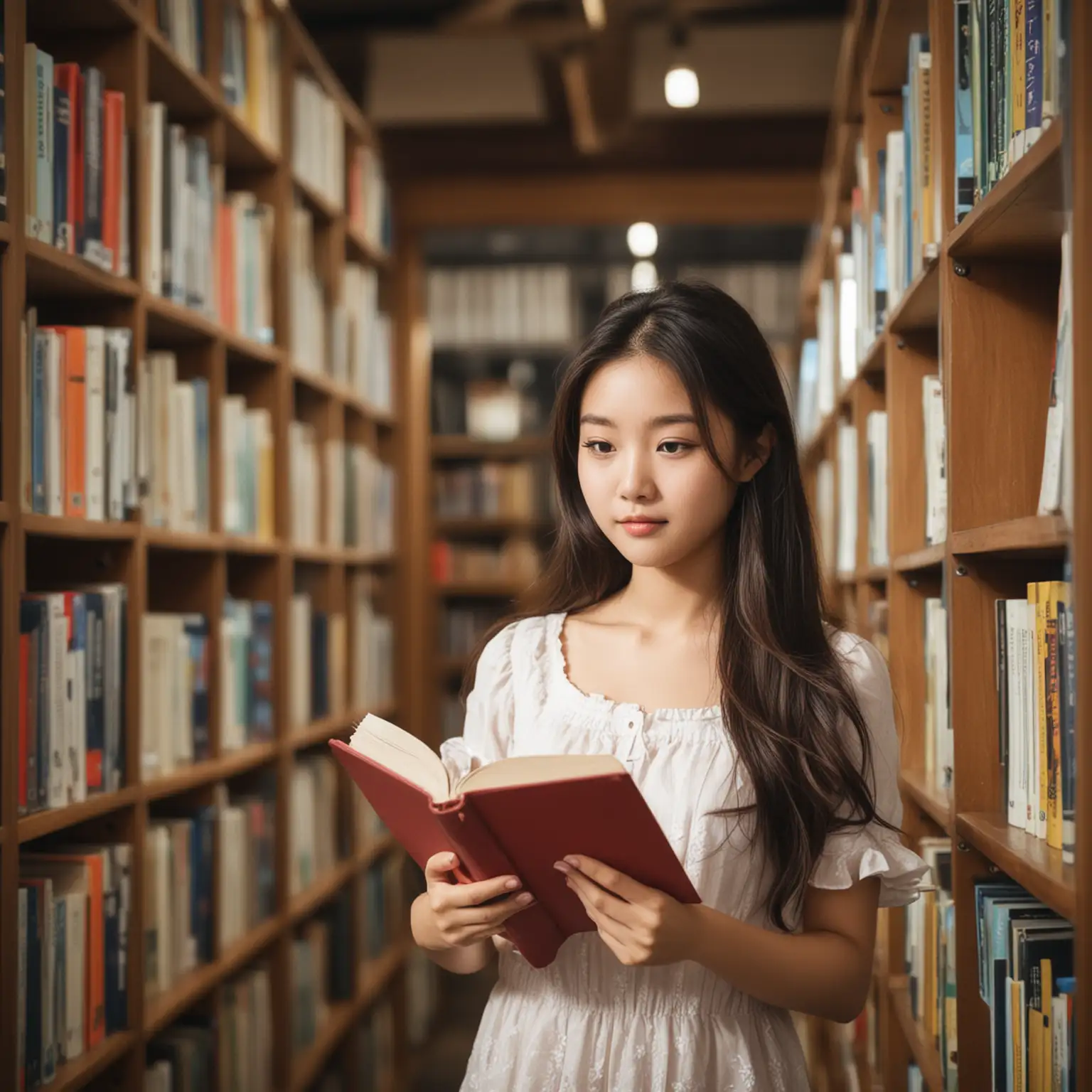 pretty asian girl reading in library