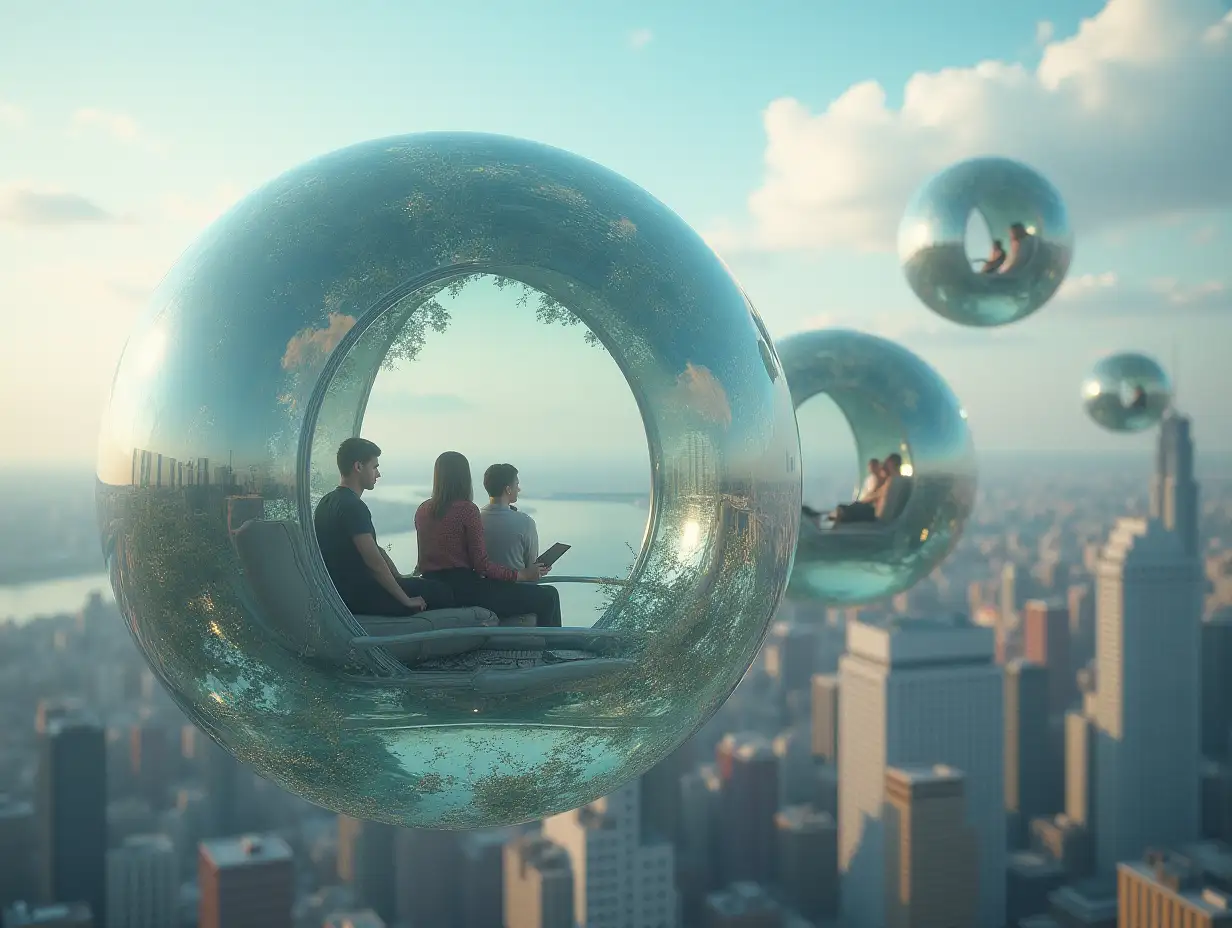 Ultradetailed hyperrealistic photo-realistic portrait 5 flying large glass bubbles with seating area inside with people sitting and looking down at the city Texture, surfaces and lighting, to give depth, dimension and a photo-realistic appearance everything sharp