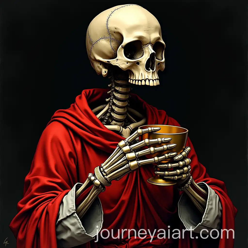 Gothic-Skull-in-Red-Tunic-Holding-Golden-Cup-in-Dark-Setting