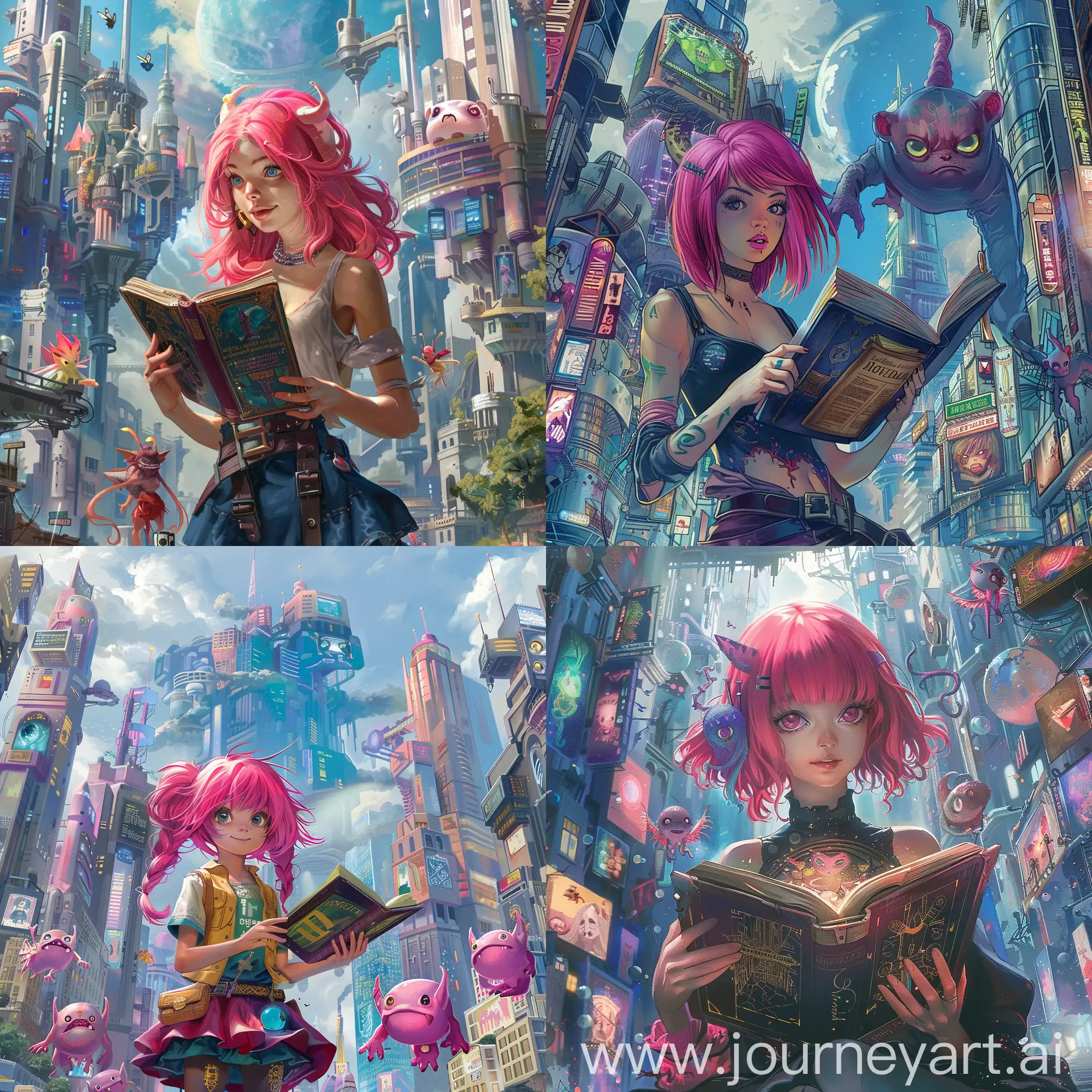 Girl-Magician-with-Pink-Hair-and-Funny-Monsters-in-Modern-Megapolis