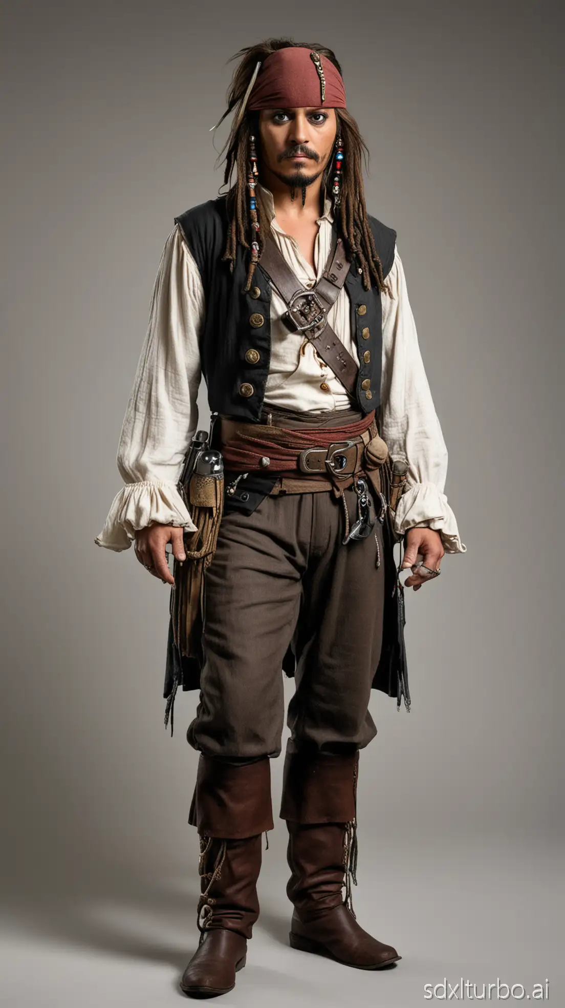 On a plain background is a captain jack sparrow in his best pose, full body, with the outfit same as what in the movie portraited.