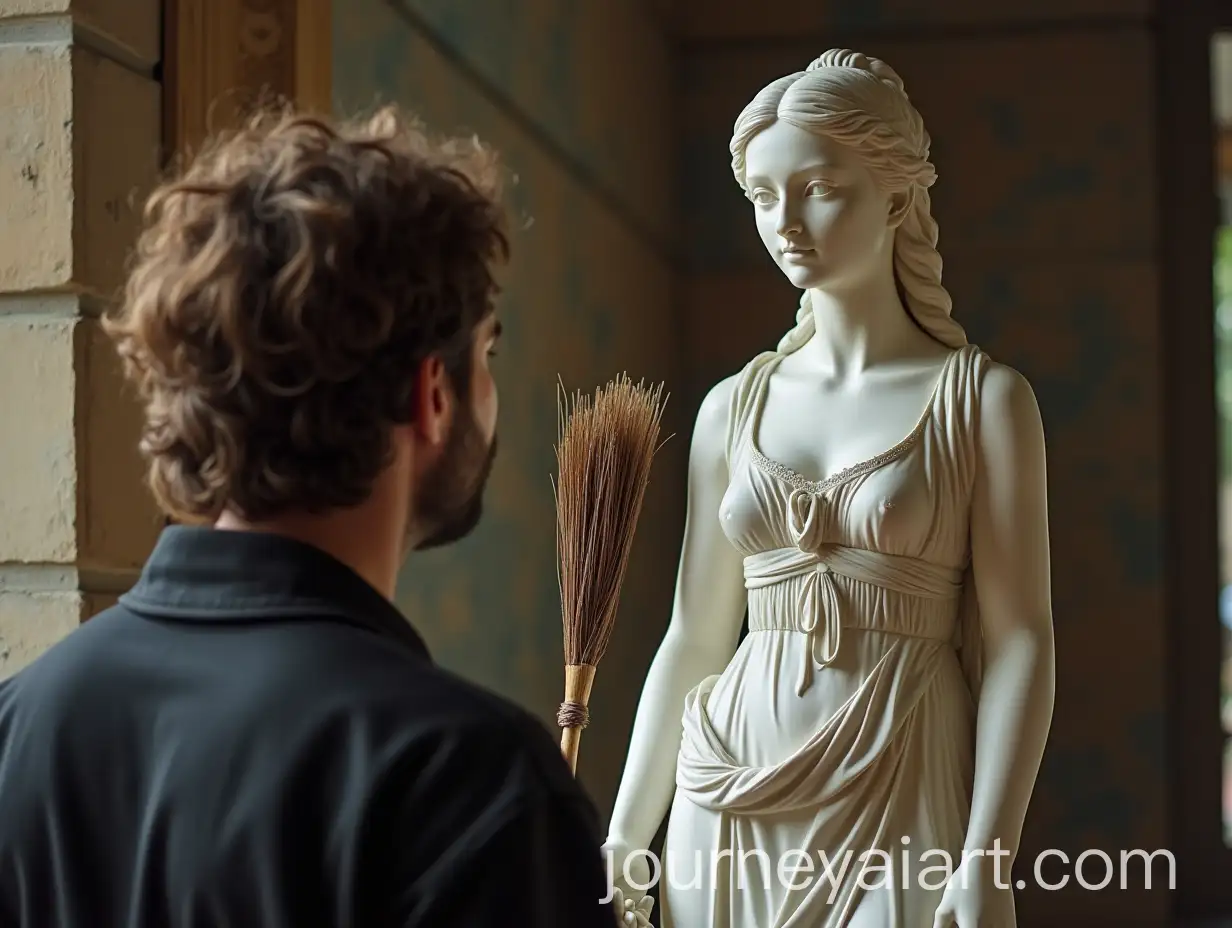 Man-Holding-Broom-Staring-at-Statue-of-Beautiful-Woman-in-Full-View