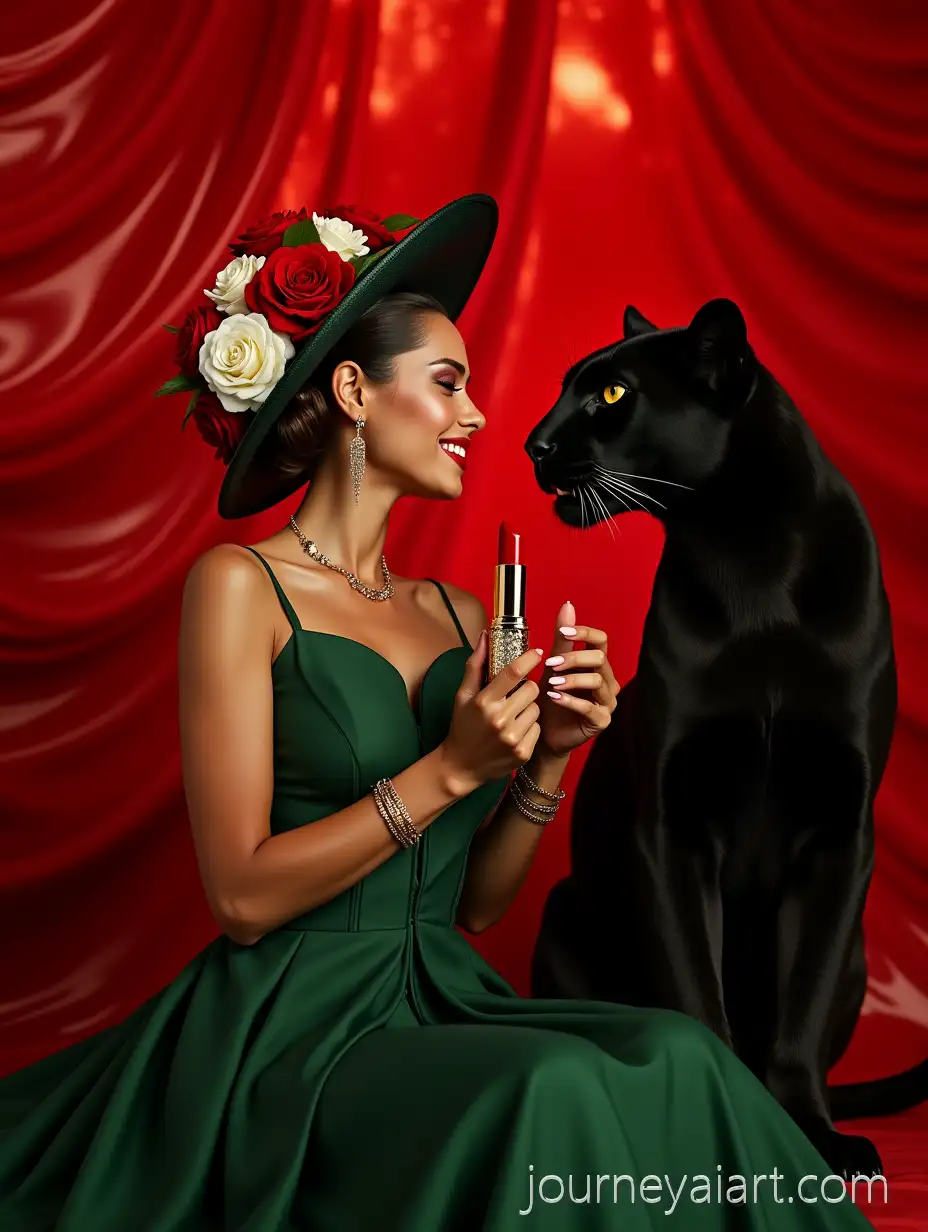 Elegant-Woman-in-Green-Rose-Dress-with-Black-Panther-in-Luxury-Fashion-Advertisement