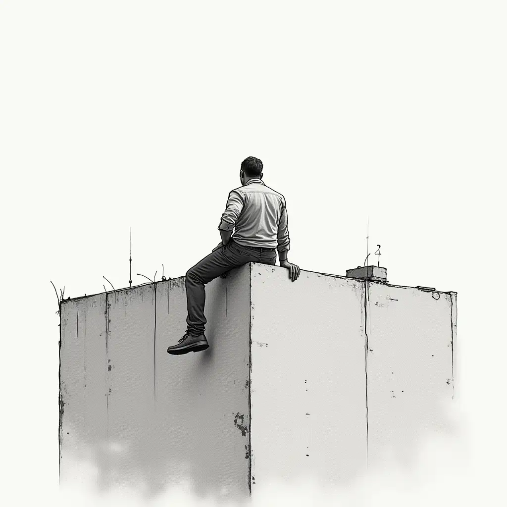draw a realistic drawing of a man sitting on top of a building
