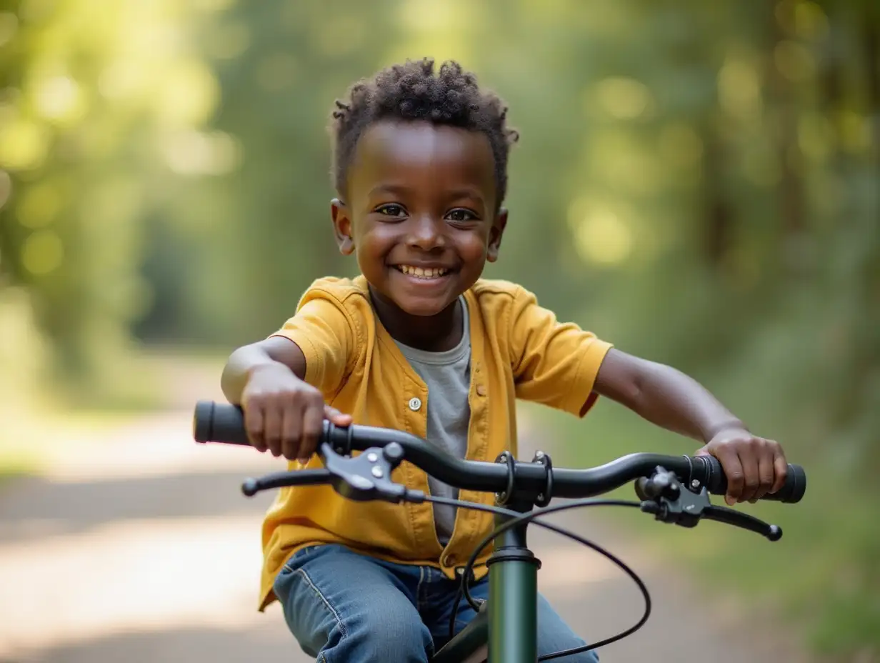 5 year old black boy sranding next to a bike