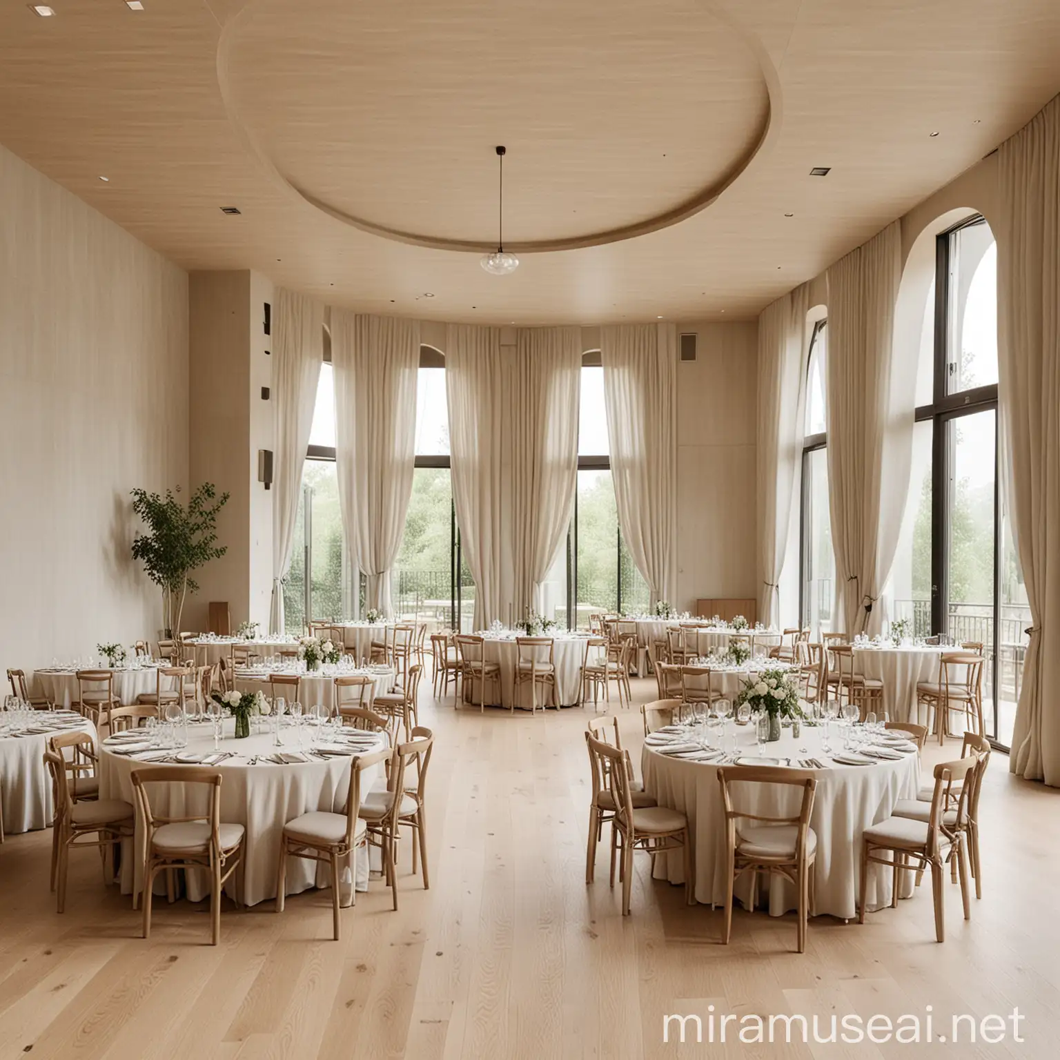 Elegant Minimalist Japandi Banquet Hall with Circular Tables
