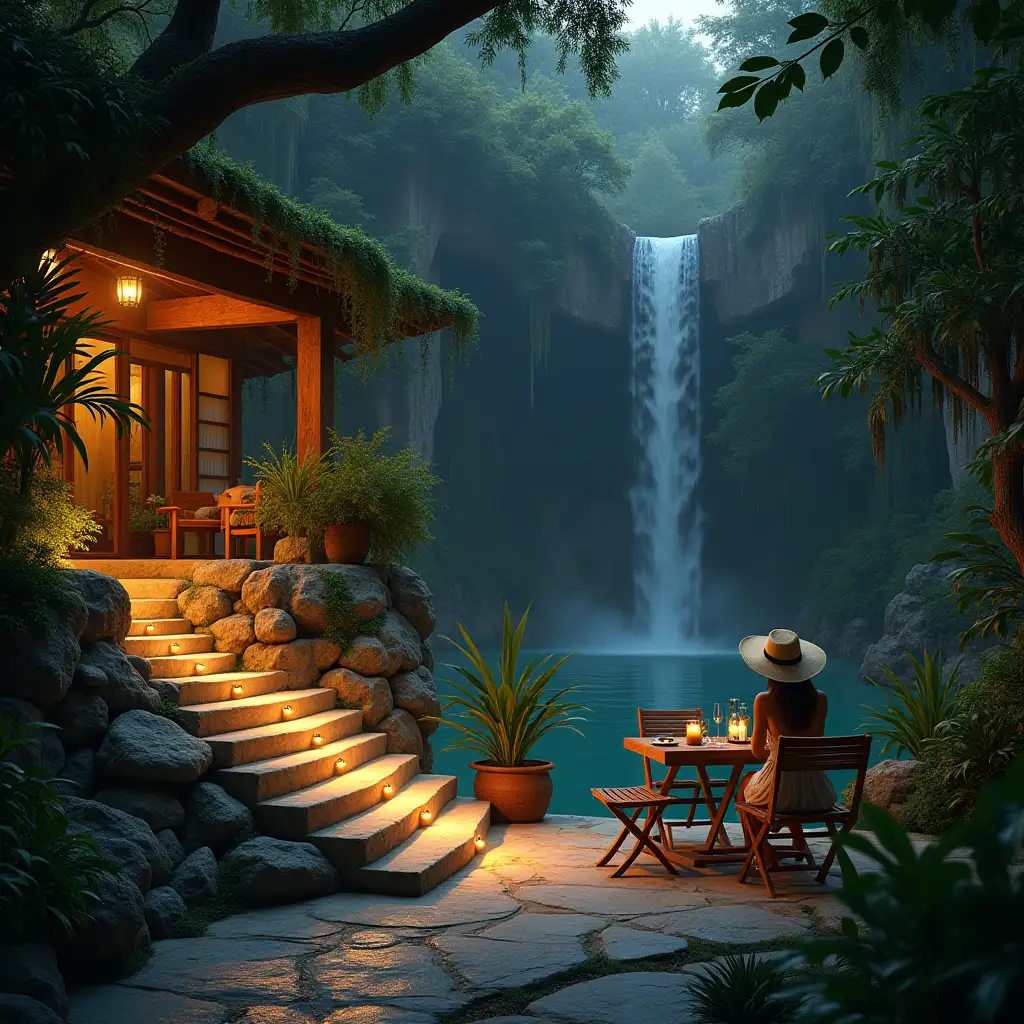 Create an image of an illuminated terrace with natural stone steps, table, chairs, 'ara', and a pretty woman with sun hat in the jungle with large pond, waterfall, hanging plants, rocks with bushes and photo-realistic details of parts and lighting.