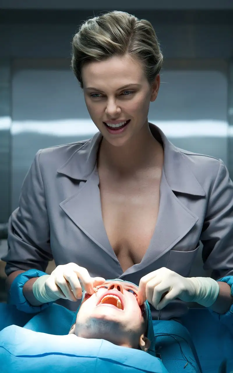 Evil crazy smile surgeon Charlize Theron in  lab coat with deep neckline performs surgery on a screaming patient, skull opening, brain exposed, pulls out the eyeball with her fingers, photo, cinematic, 4k