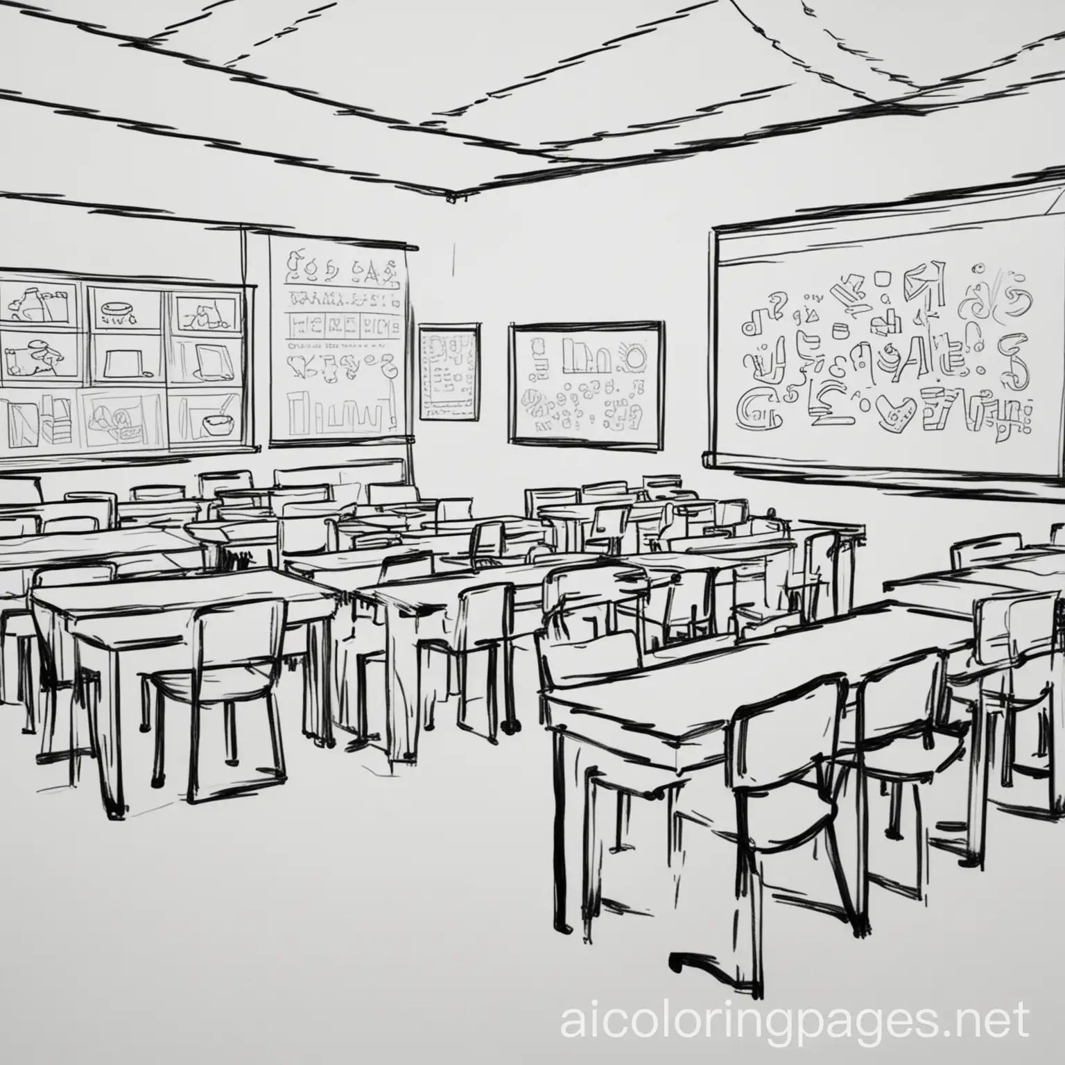 classroom, Coloring Page, black and white, line art, white background, Simplicity, Ample White Space. The background of the coloring page is plain white to make it easy for young children to color within the lines. The outlines of all the subjects are easy to distinguish, making it simple for kids to color without too much difficulty